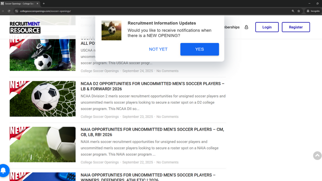 College Soccer Openings Website 