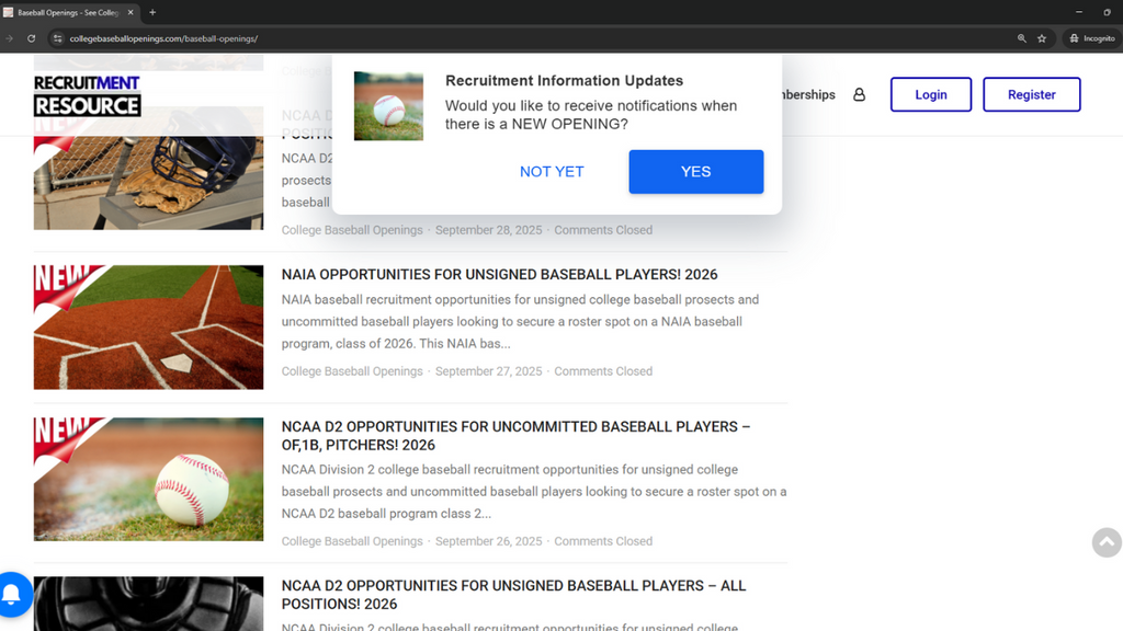 college baseball openings website 
